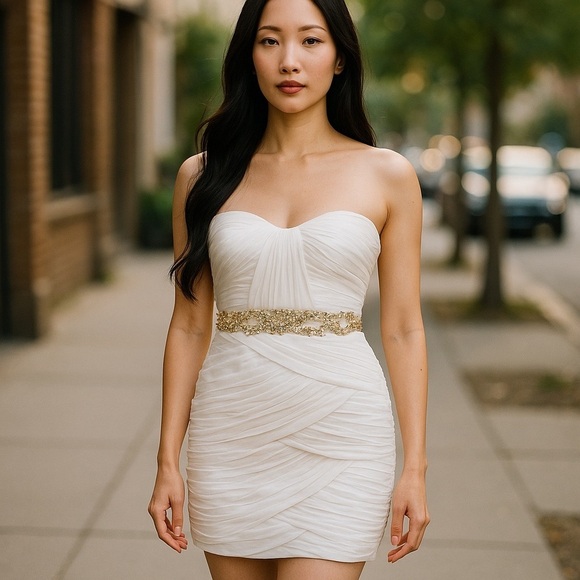 CACHE STRAPLESS GOLD BEADED RHINESTONE RESORT FORMAL WEDDING MINI DRESS SZ 12 - Picture 15 of 15